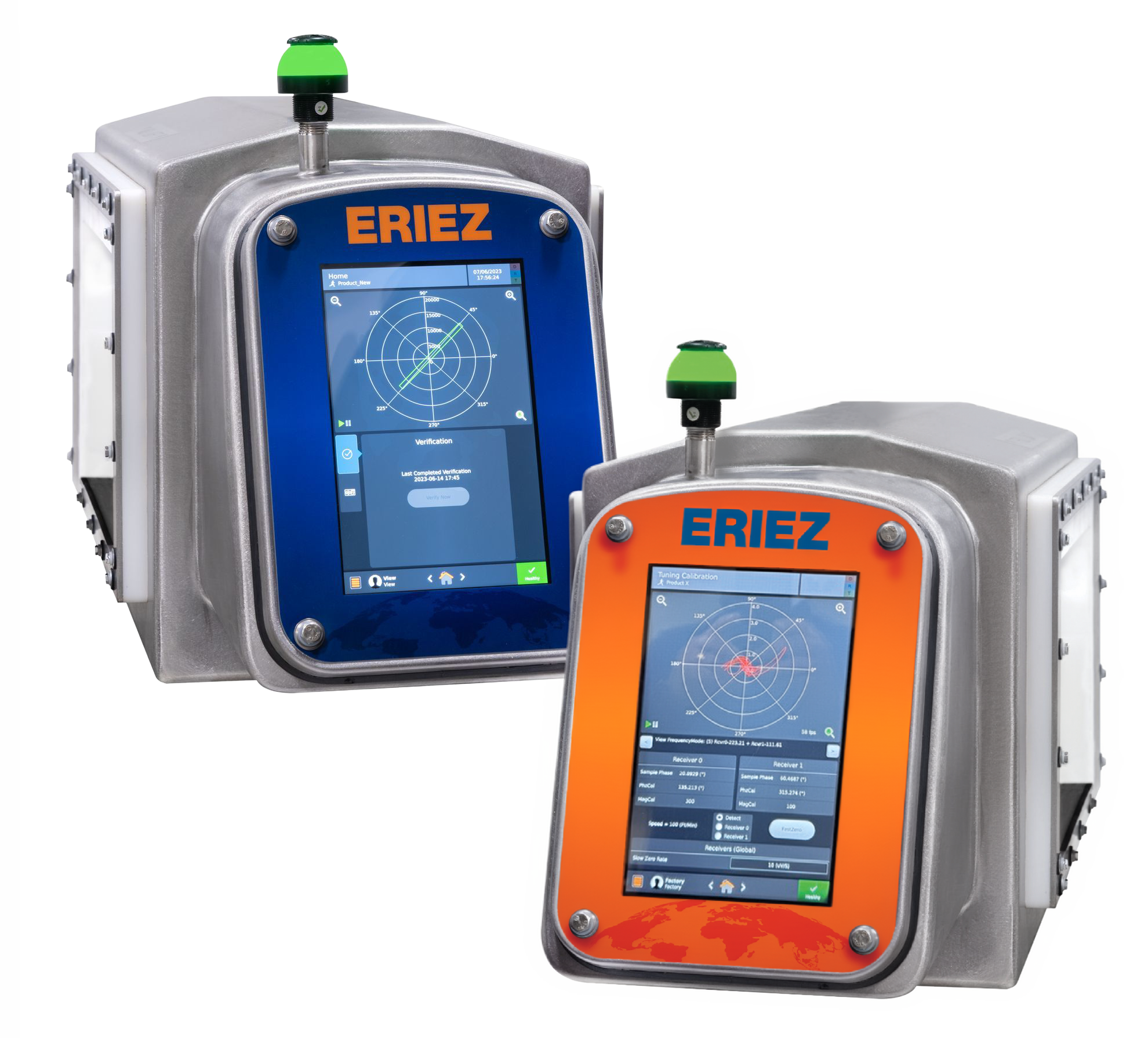 Two ERIEZ industrial surveying instruments with blue and orange control panels and green indicator lights