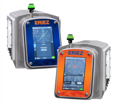 Two ERIEZ industrial surveying instruments with blue and orange control panels and green indicator lights