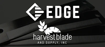 EDGE and Harvest Blade and Supply, Inc logos displayed on agricultural harvesting equipment