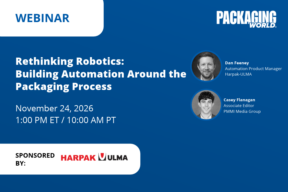 Webinar promotion for Rethinking Robotics automation in packaging, featuring speakers Dan Feeney and Casey Flanagan, November 24, 2026, sponsored by Harpak-ULMA