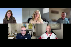 Five professionals in a video conference call displayed in a grid layout on a black background