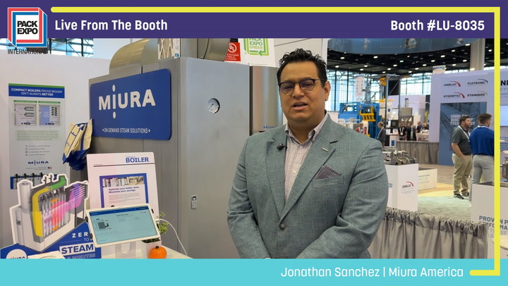 Jonathan Sanchez from Miura America speaks at Pack Expo booth LU-8035 during live broadcast