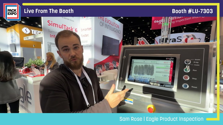 Man demonstrating Eagle Product Inspection equipment at Pack Expo booth LU-7303