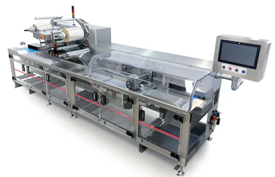 Industrial automated packaging machine with conveyor belt, control panel, and labeling equipment