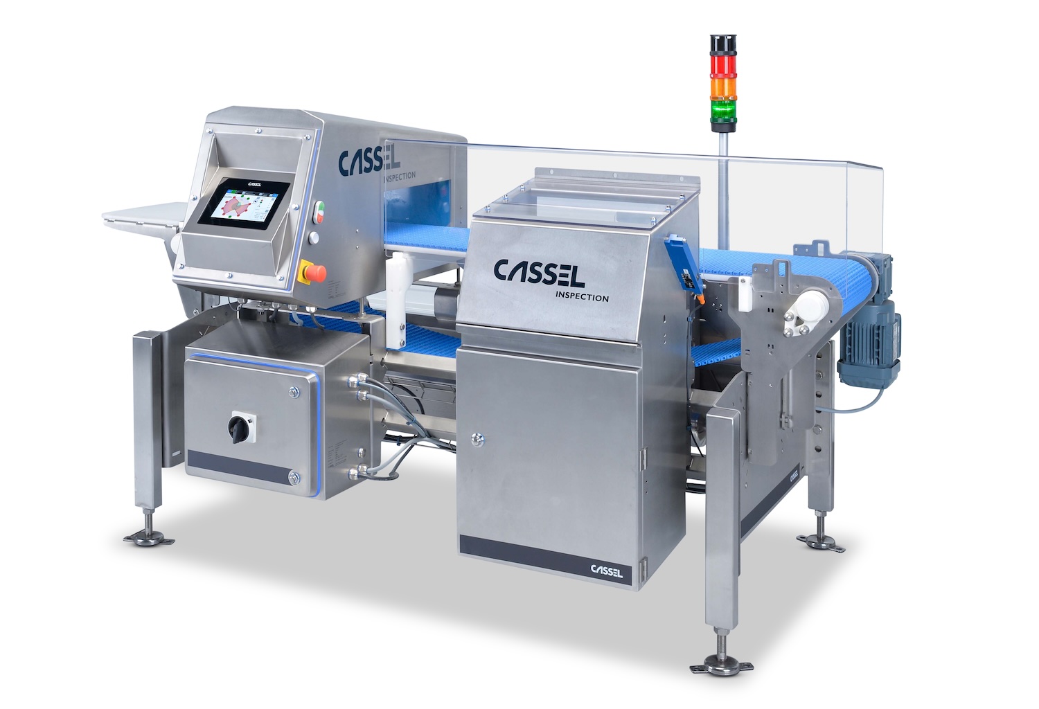 CASS1 industrial inspection machine with touchscreen control panel, blue processing unit, and tri-color status indicator light