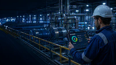 Industrial worker in hard hat monitoring factory operations on tablet with real-time dashboard in manufacturing facility