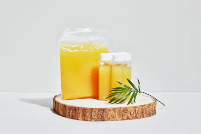 Yellow liquid in clear bottles displayed on wooden slice with fresh rosemary sprigs