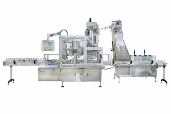 Automated industrial filling and capping machine system with conveyor belts and control panel