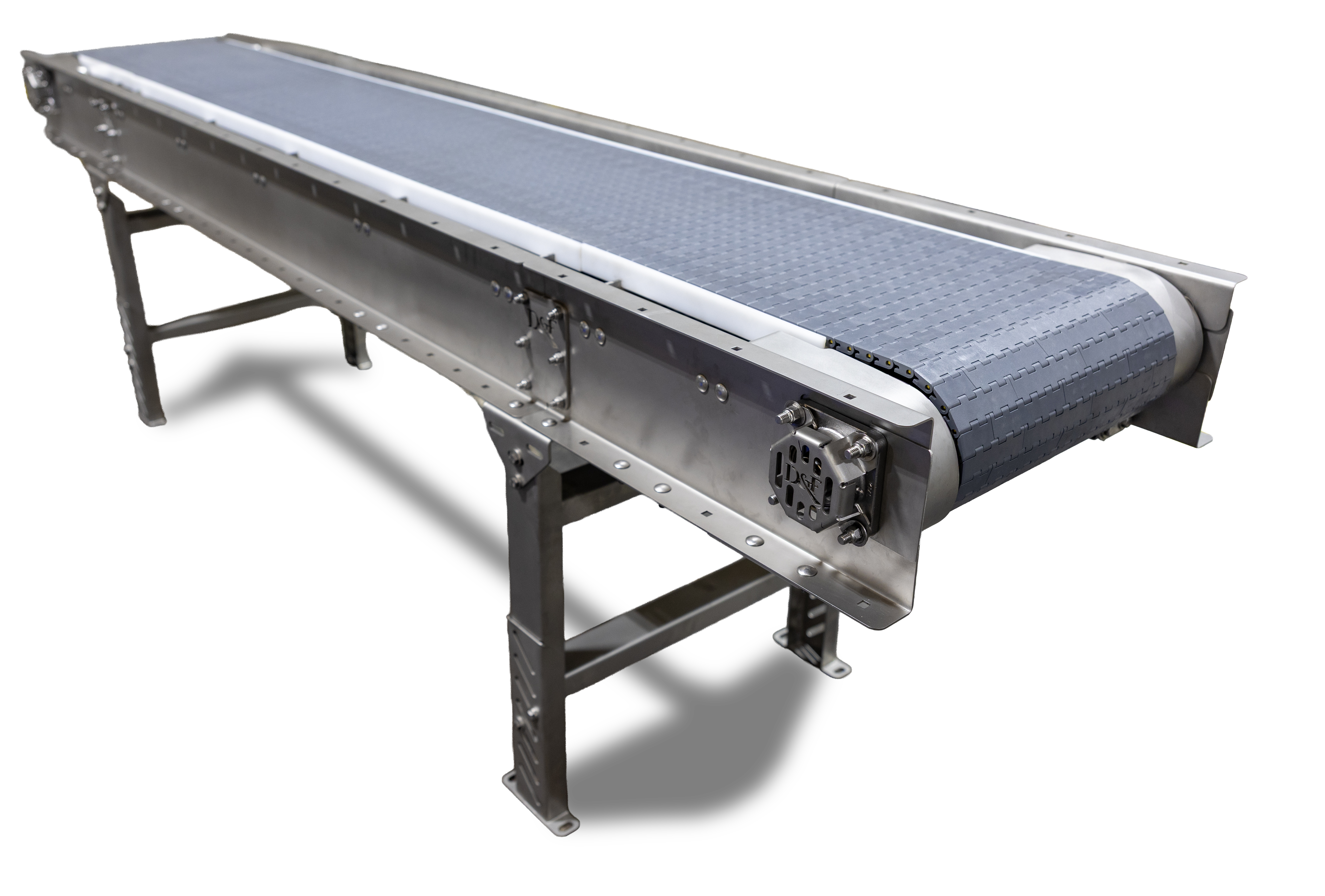 Industrial conveyor belt system with metal frame and blue textured surface on white background