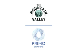 The Mountain Valley Pure Natural Fine water logo and Primo Brands logo with radiating sunburst design