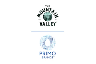 The Mountain Valley Pure Natural Fine water logo and Primo Brands logo with radiating sunburst design