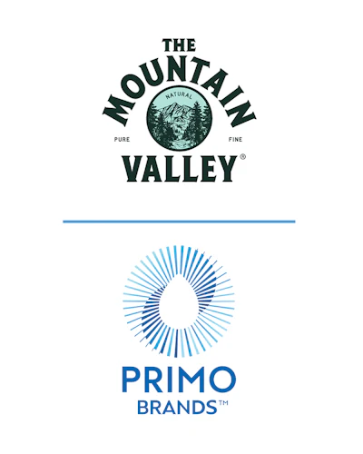 The Mountain Valley Pure Natural Fine water logo and Primo Brands logo with radiating sunburst design