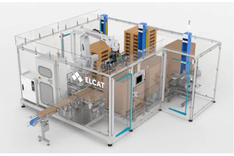 ELCAT automated warehouse or logistics system with blue vertical storage towers and conveyor equipment