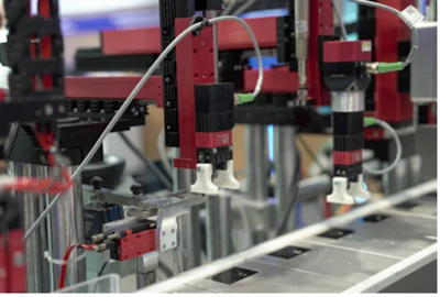 Red and black robotic arm assembly with white tubing and mechanical components in industrial setting