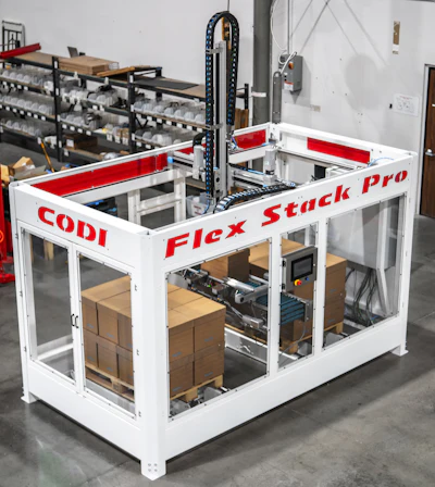 CODI Flex Stack Pro automated stacking machine in industrial warehouse with component shelving
