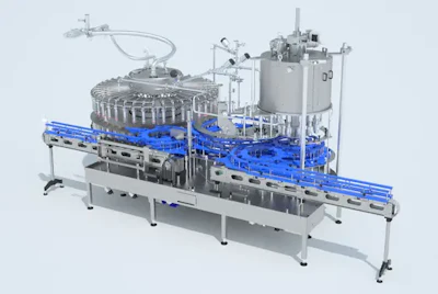 Industrial filling and capping machine with blue conveyor system and stainless steel components