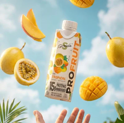 Suaçaí Pro Fruit tropical protein beverage carton surrounded by fresh mango and passion fruit against blue sky