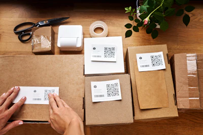Overhead view of shipping workspace with kraft boxes labeled with QR codes, packing supplies, and green plant on wooden table
