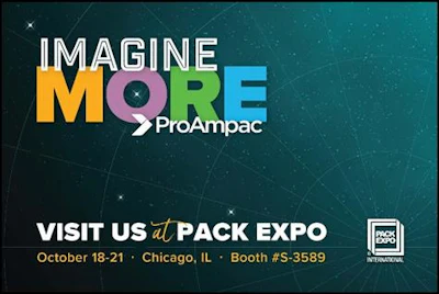 ProAmpac Imagine More logo with event promotion for PACK EXPO Chicago, October 18-21, Booth #S-3589