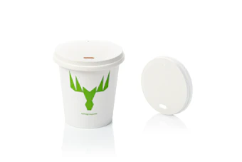 White disposable coffee cup with green antler logo and matching white lid displayed on white background