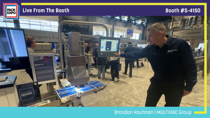 Live demonstration at Pack Expo booth S-4150 featuring MULTIVAC packaging equipment with staff presenter