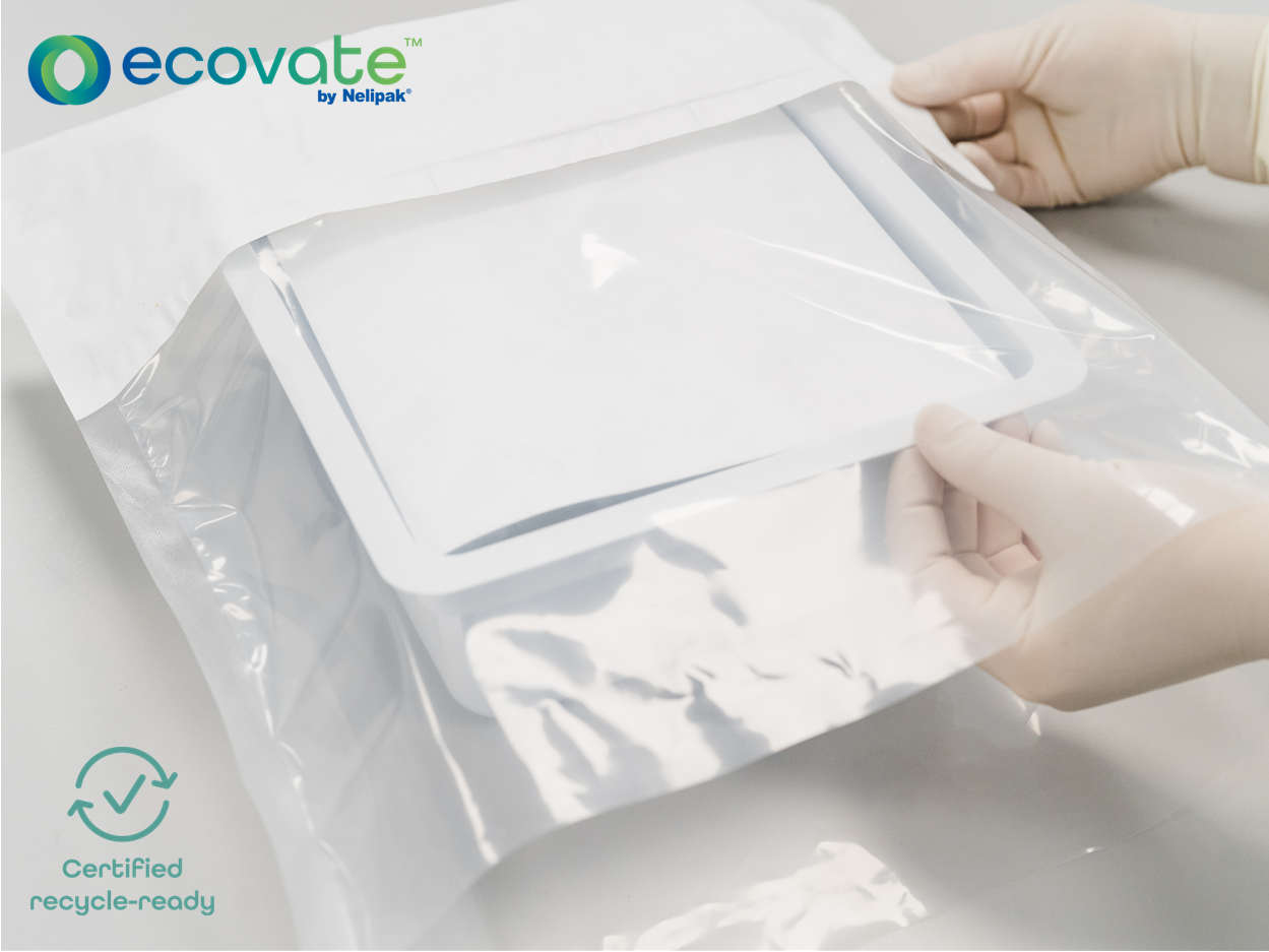 Hands opening Ecovate certified recyclable white packaging material by Nolipak