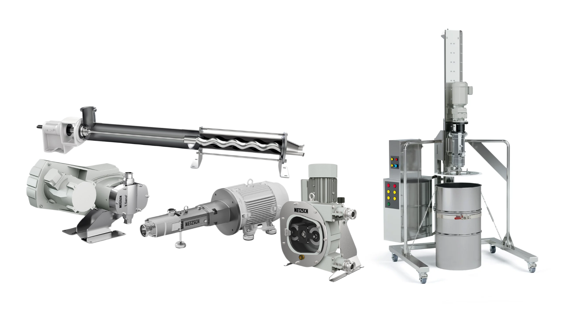Industrial processing equipment lineup including extruders, pumps, motors, and material handling systems for manufacturing applications