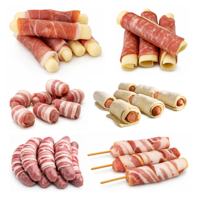 Assorted cured meat appetizers including prosciutto-wrapped cheese sticks, salami spirals, and bacon-wrapped snacks arranged in six different presentations.