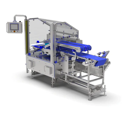 Industrial packaging machine with blue conveyor belt, gray frame, and digital control panel mounted on side