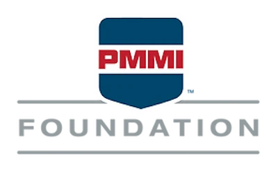 PMMI Foundation logo featuring a teal shield with red text and gray horizontal lines