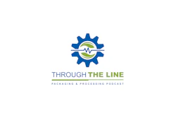 Through the Line Packaging & Processing Podcast logo with blue gear and green leaf design