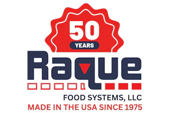 Raque Food Systems 50 years anniversary logo, established 1975, made in USA