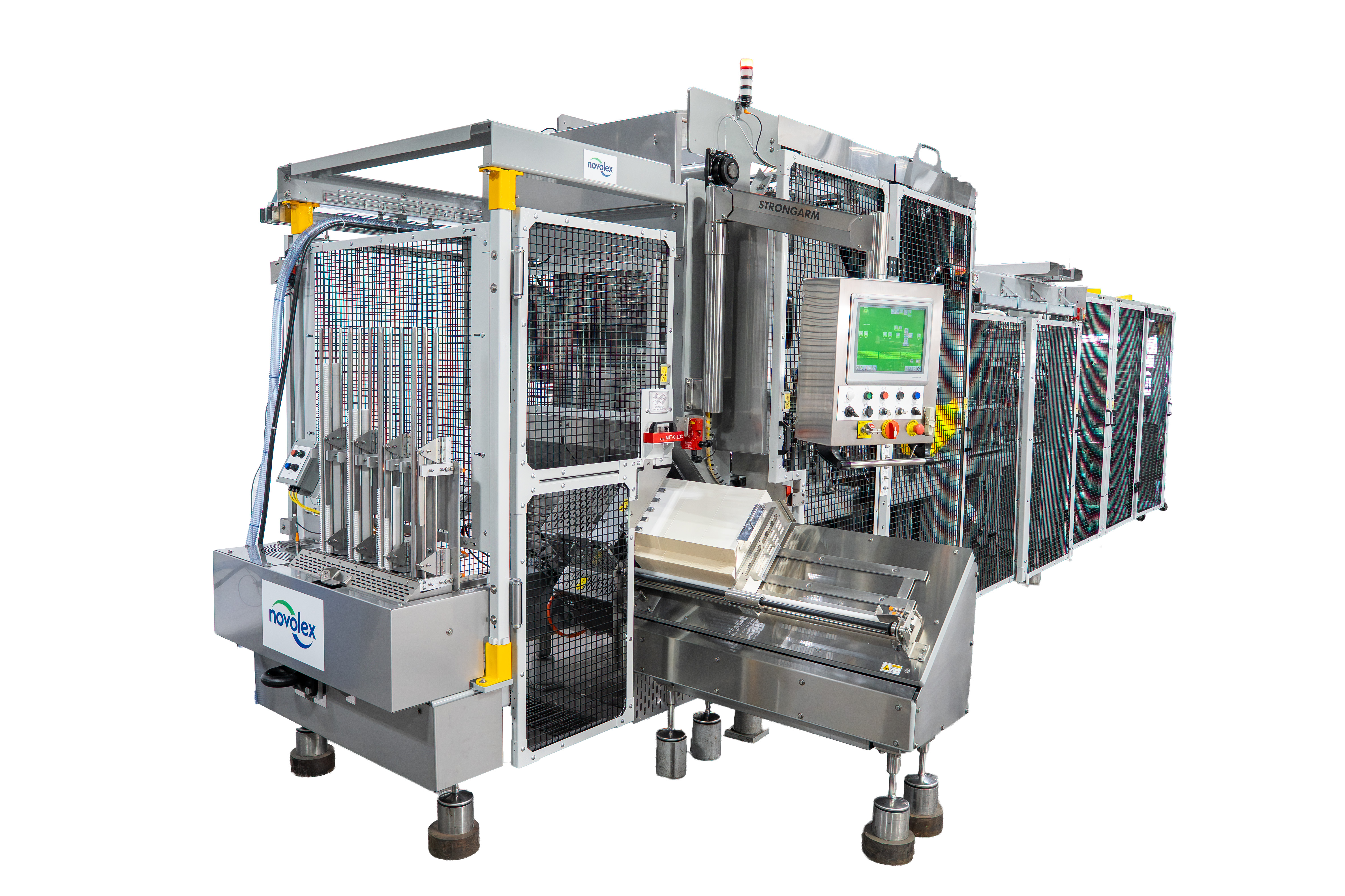Industrial automated assembly machine with white frame, control panel, and safety guards for manufacturing operations