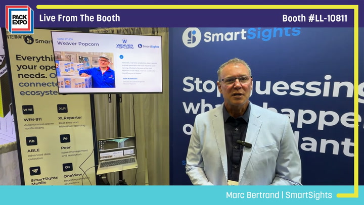 Marc Bertrand from SmartSights presenting live at Pack Expo booth LL-10811 with Weaver Popcorn featured on screen