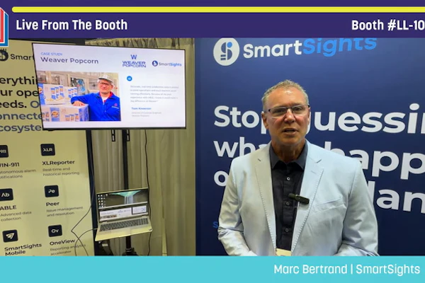 Marc Bertrand from SmartSights presenting live at Pack Expo booth LL-10811 with Weaver Popcorn featured on screen