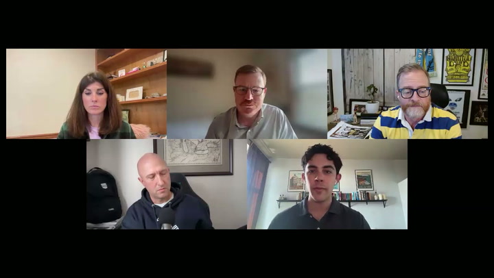 Five people in a video conference call displayed in a grid layout on a black background