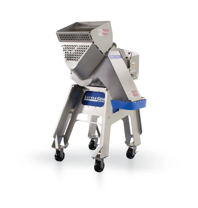 Little Genius industrial plastic grinder machine with perforated hopper and blue collection bin