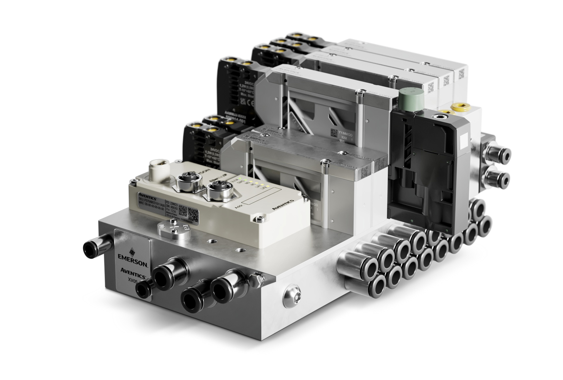 Industrial pneumatic manifold assembly with solenoid valves, control modules, and multiple connector ports